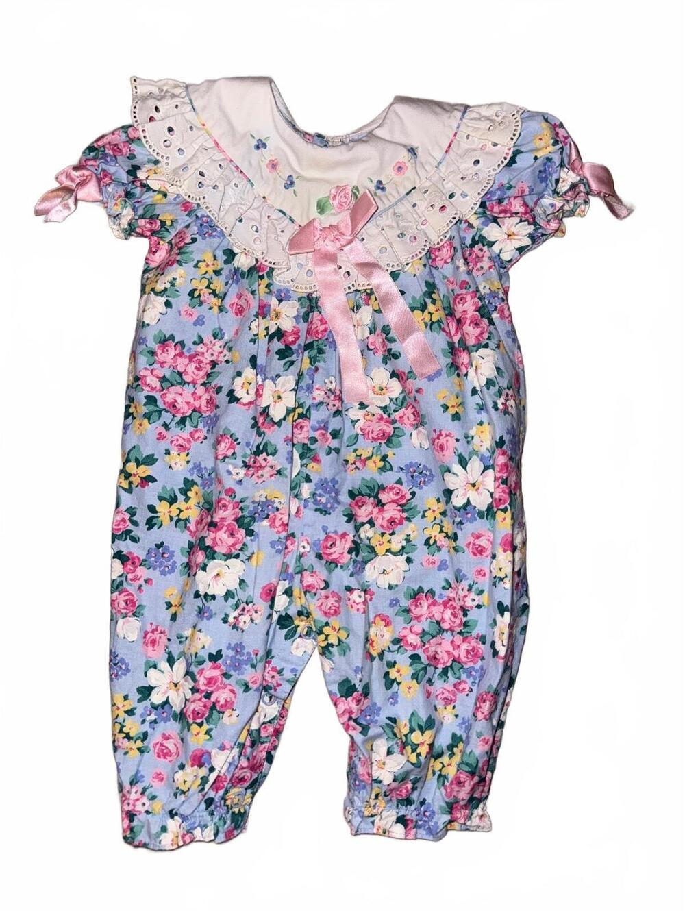 1980 Vintage Baby Girl Blue Floral Romper Eyelet Collar Pink Bows Cottagecore